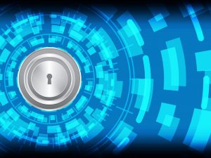 Cyber security safety concept, master key lock with abstract circle technology digital background, vector illustration.